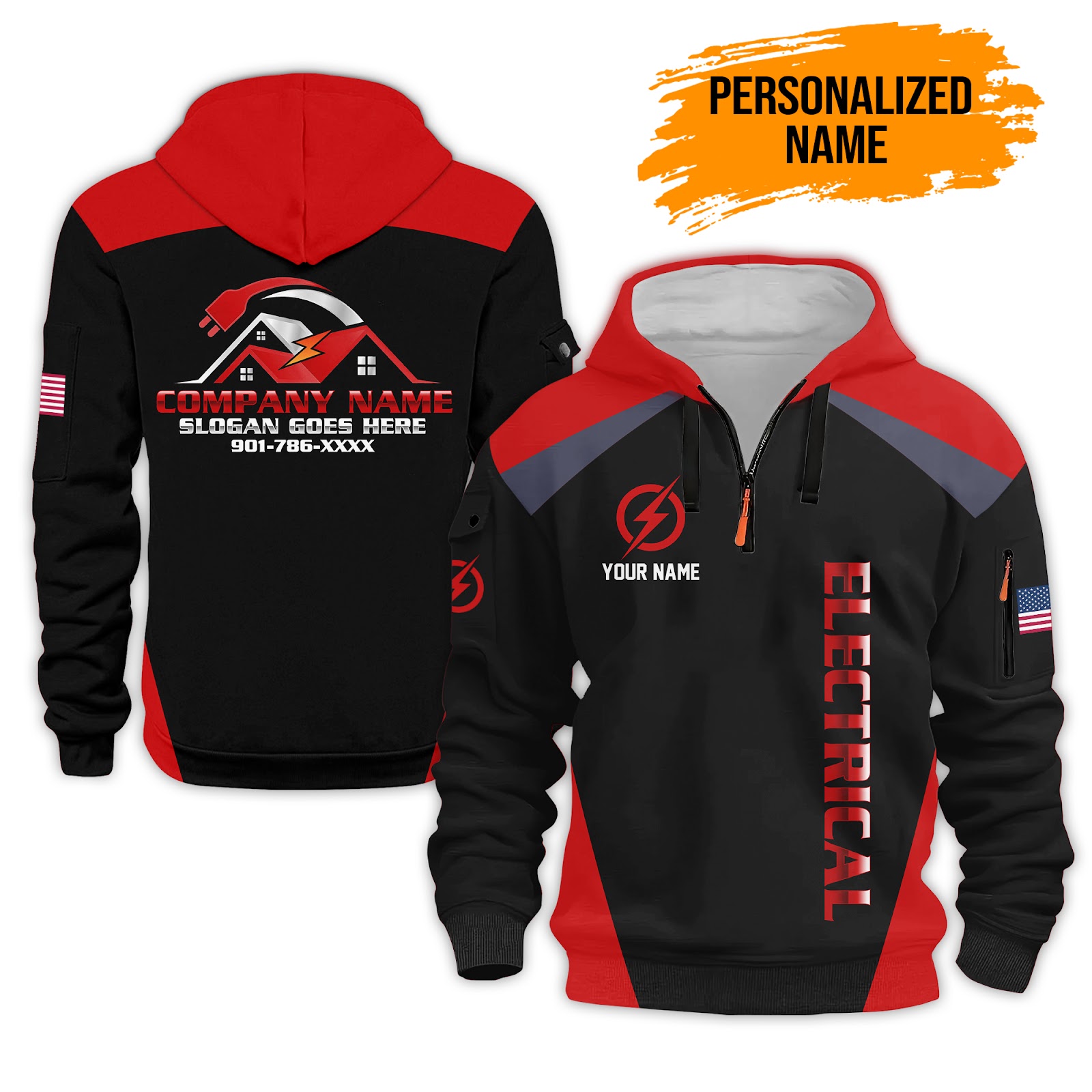 5917690-personalized-name-electrical-3d-quarter-zip-hoodie-pc91-2.jpg Personalized Electrician Service Uniform Shirt - photo 2