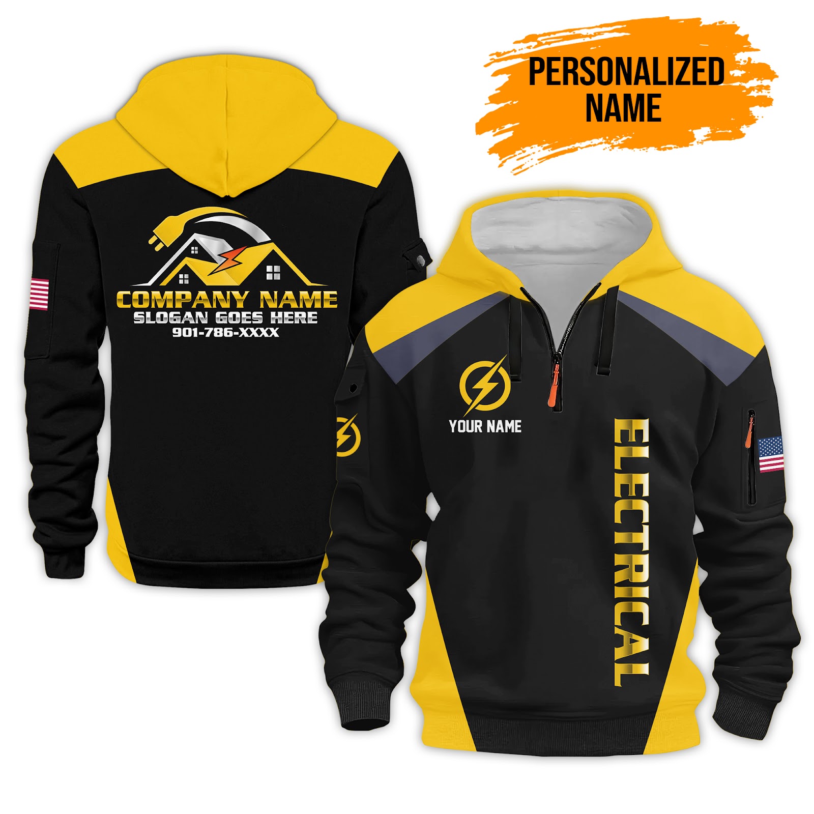 5917690-personalized-name-electrical-3d-quarter-zip-hoodie-pc91-3.jpg Personalized Electrician Service Uniform Shirt - photo 3