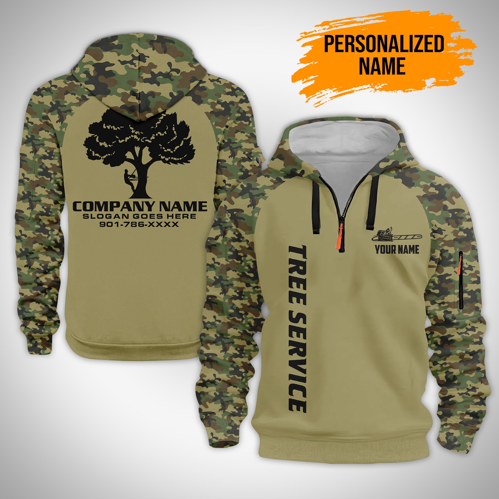 Custom Tree Service 3D Quarter Zip Camo Hoodie