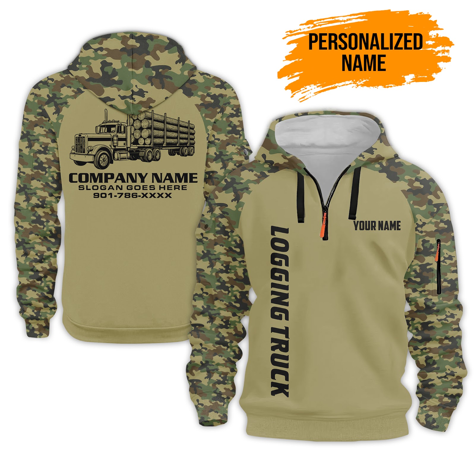 Custom Logging Truck 3D Printed Quarter Zip Hoodie