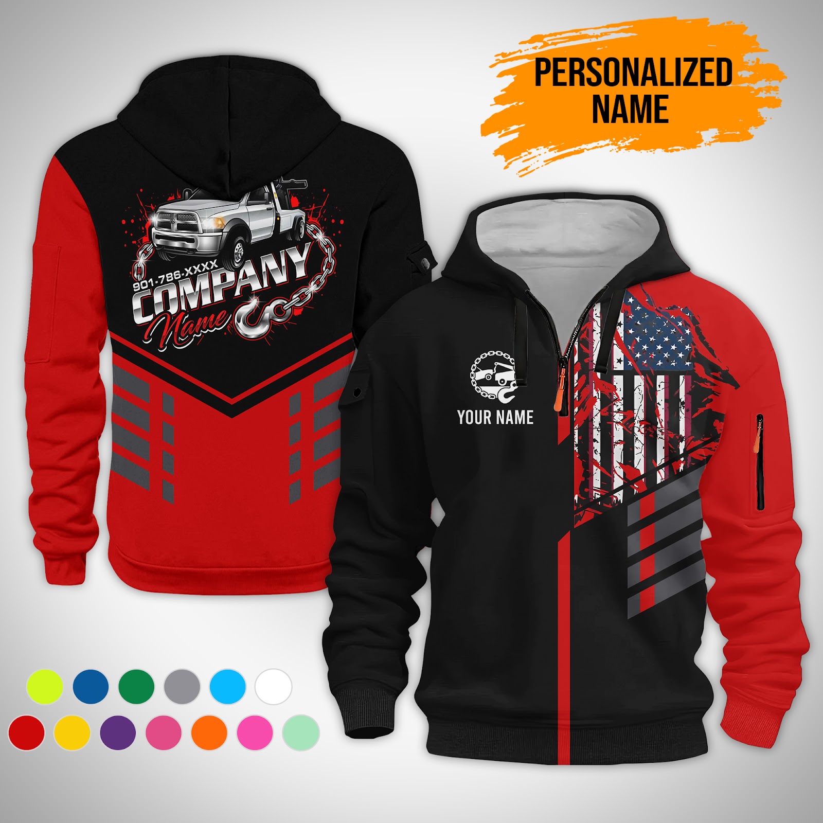 Custom Tow Truck 3D Printed Quarter Zip Hoodie - photo 2
