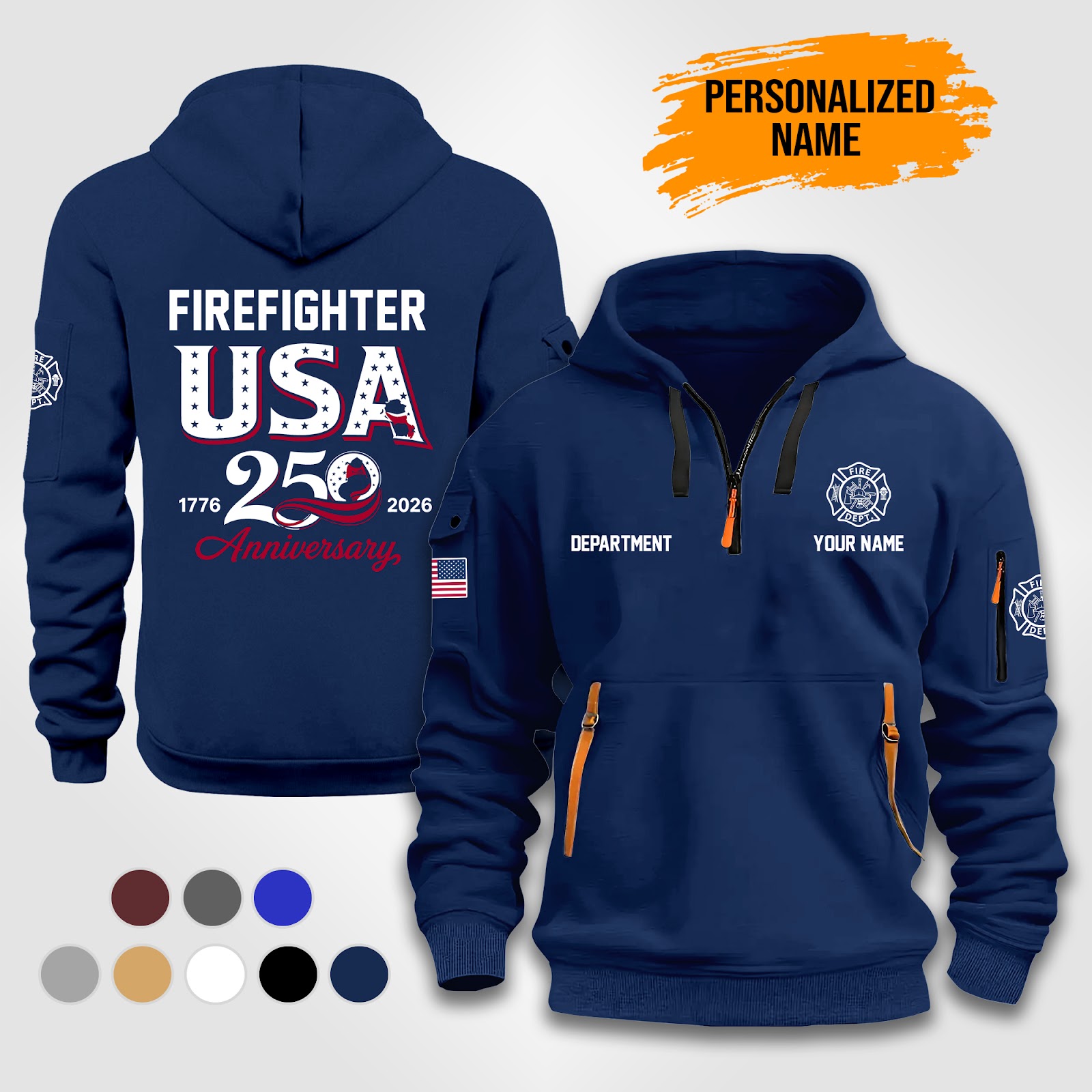 Personalized Name Firefighter USA 250th Aniversary 2D Quarter Zip Hoodie PC878