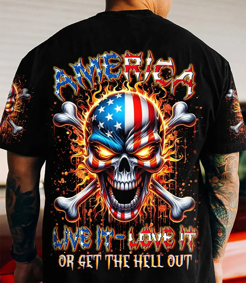 America Skull Biker All Over Print Shirt – Patriotic USA Graphic Tee PC991