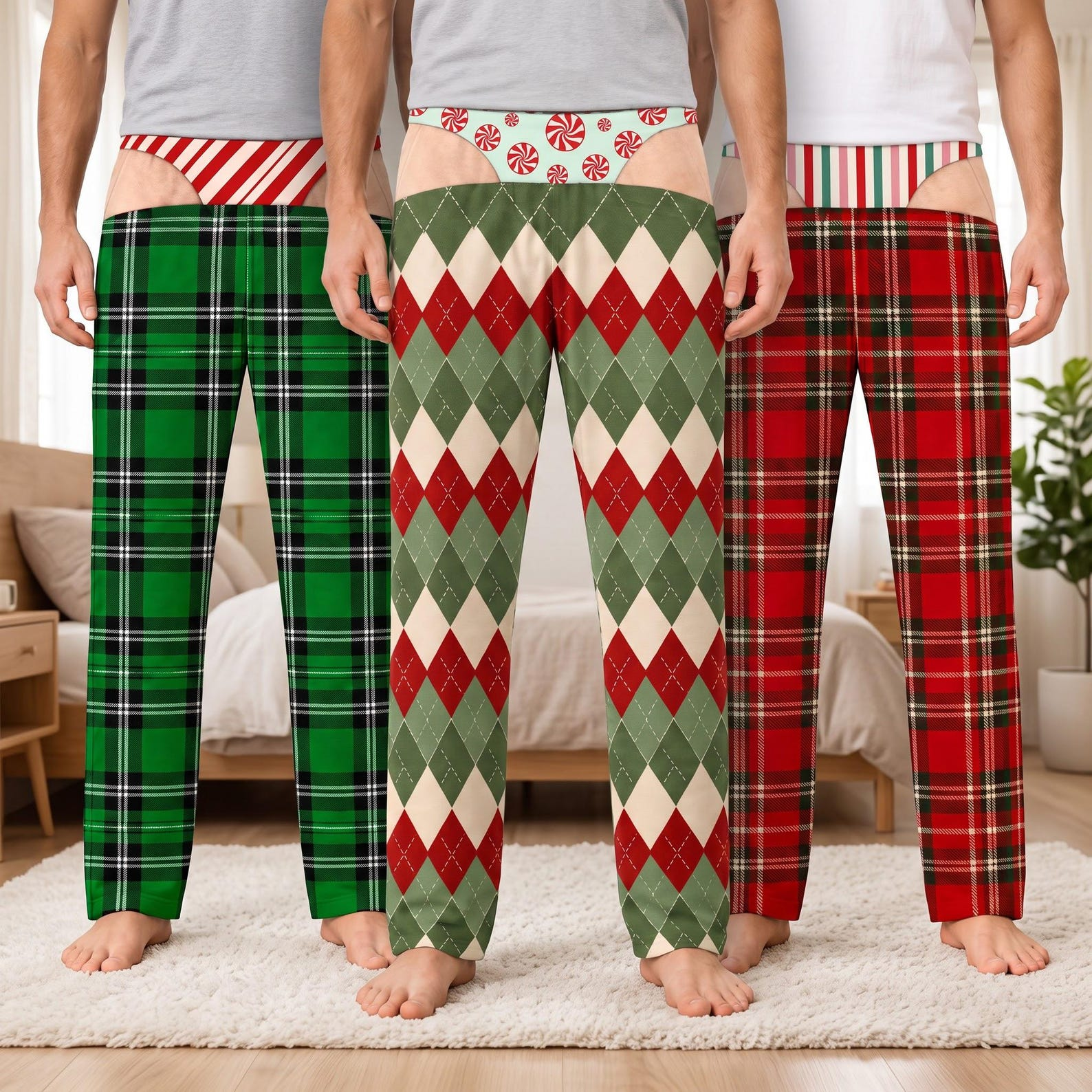 Funny Christmas Matching Pajama Pants, Fake Underwear Illusion Family Christmas Pajamas, Funny Husband Wife Xmas Gift GL796