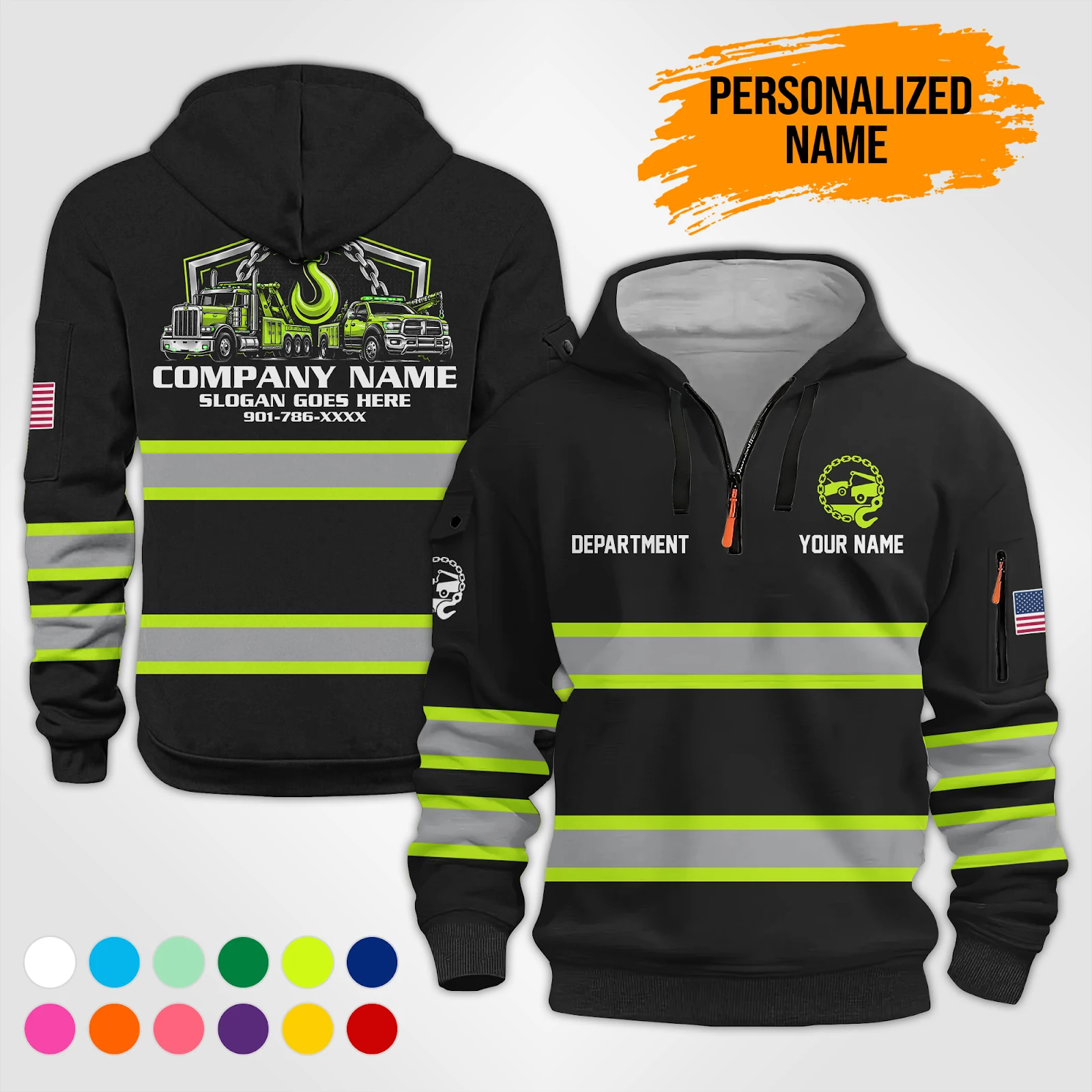 Personalized Name Tow Truck 3D Quarter Zip Hoodie DA660